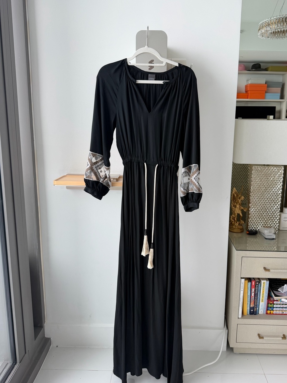 Lorena Antoniazzi Black Maxi Dress with Embroidered Cuffs and Drawstring